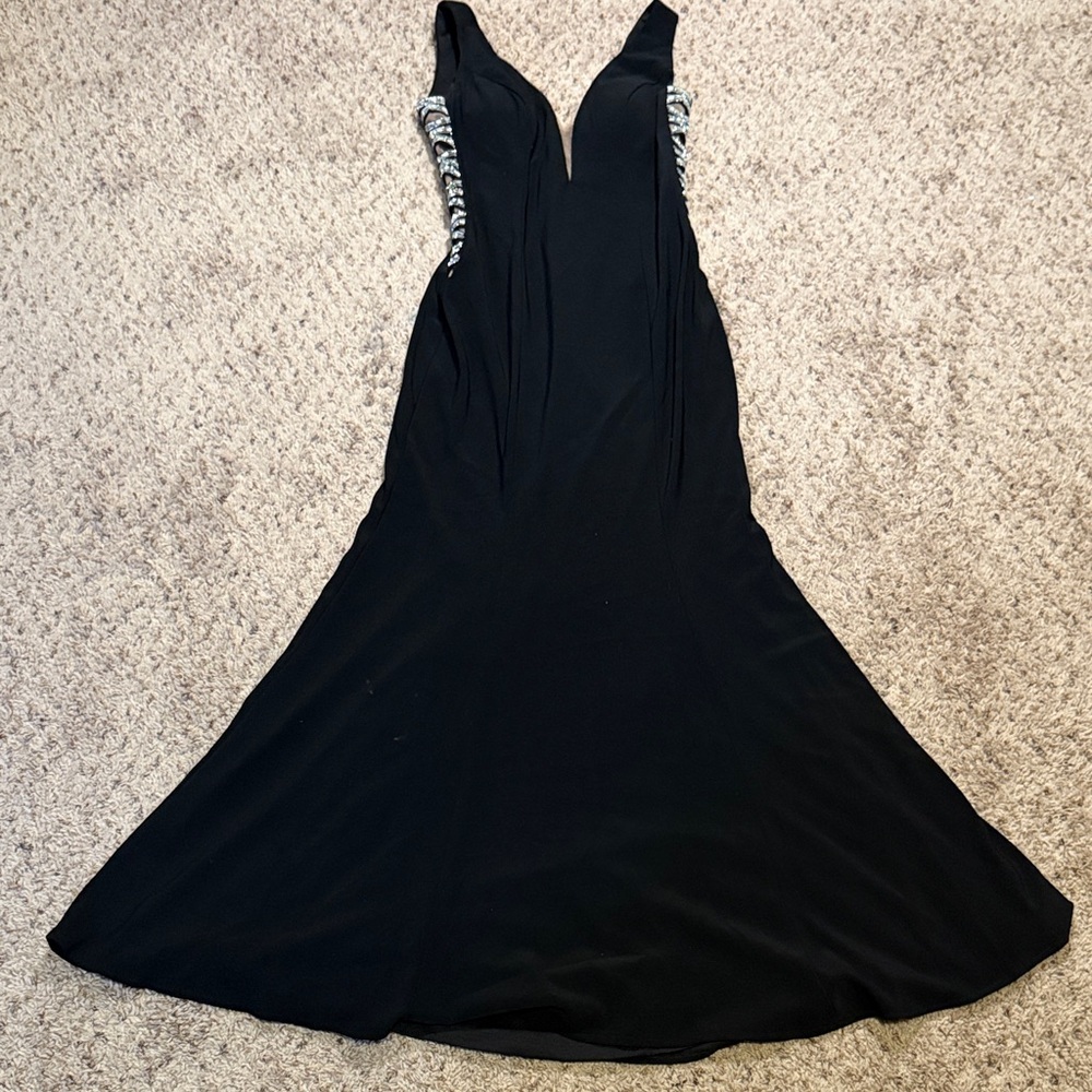 Xscape Elegant Black Backless Dress with Silver Detailing